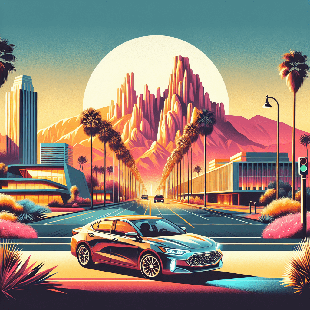 City car amidst Glendale mountains, palm trees, modern architecture