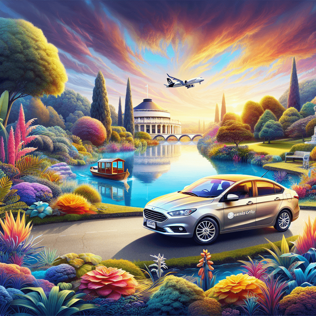 City car amidst Hamilton's gardens and Waikato river at sunset