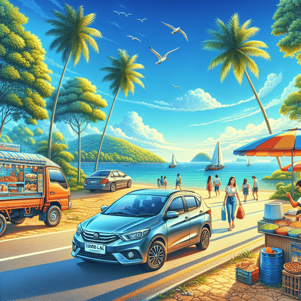 City car in tropical Khao Lak, with street food and sea view