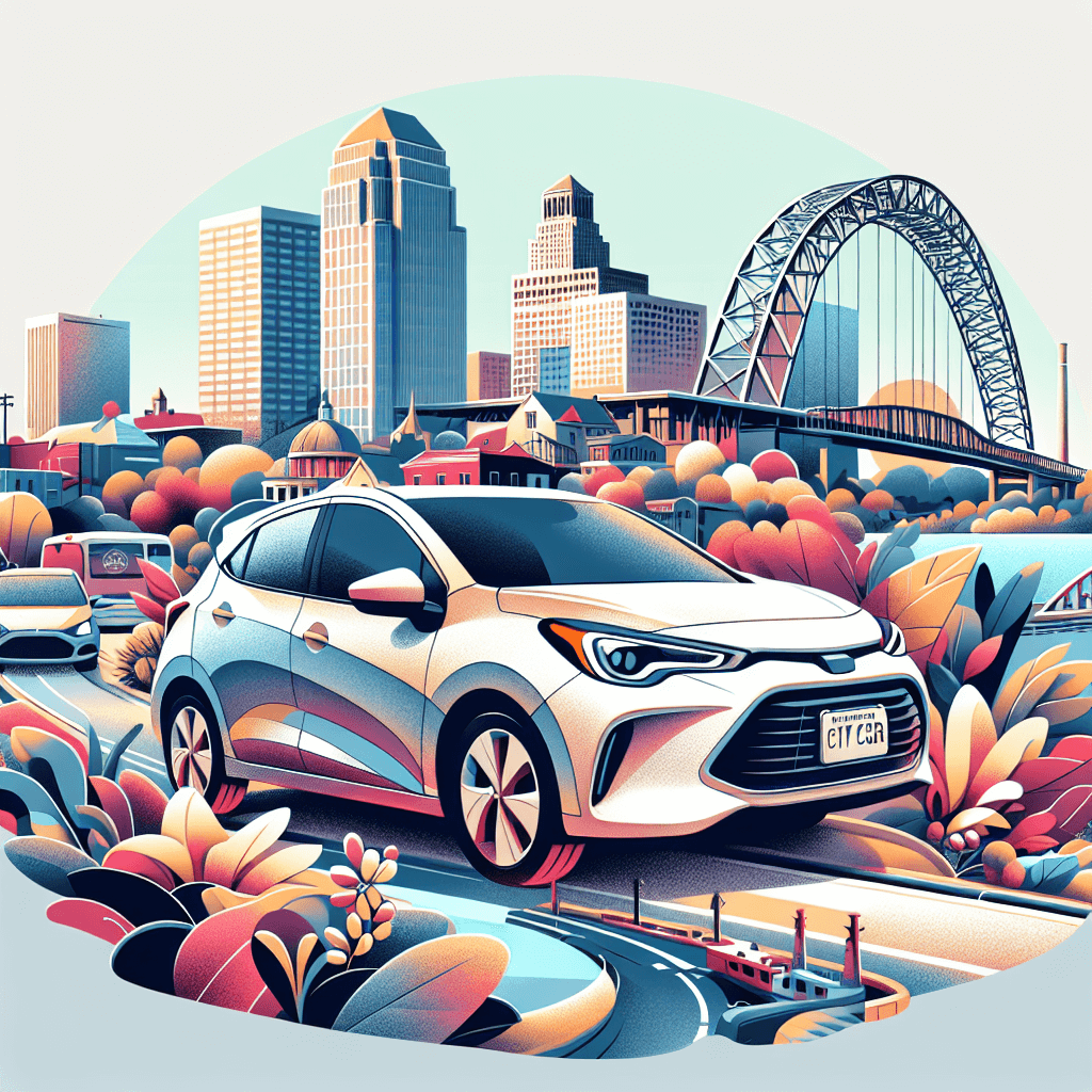 City car surrounded by Arkansas River, Junction Bridge, skyline, blooming flowers and autumn leaves