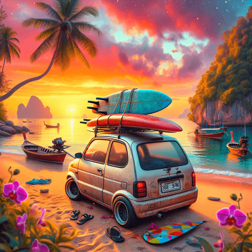City car amid palm trees, orchids, surfboards, and Thai boats.