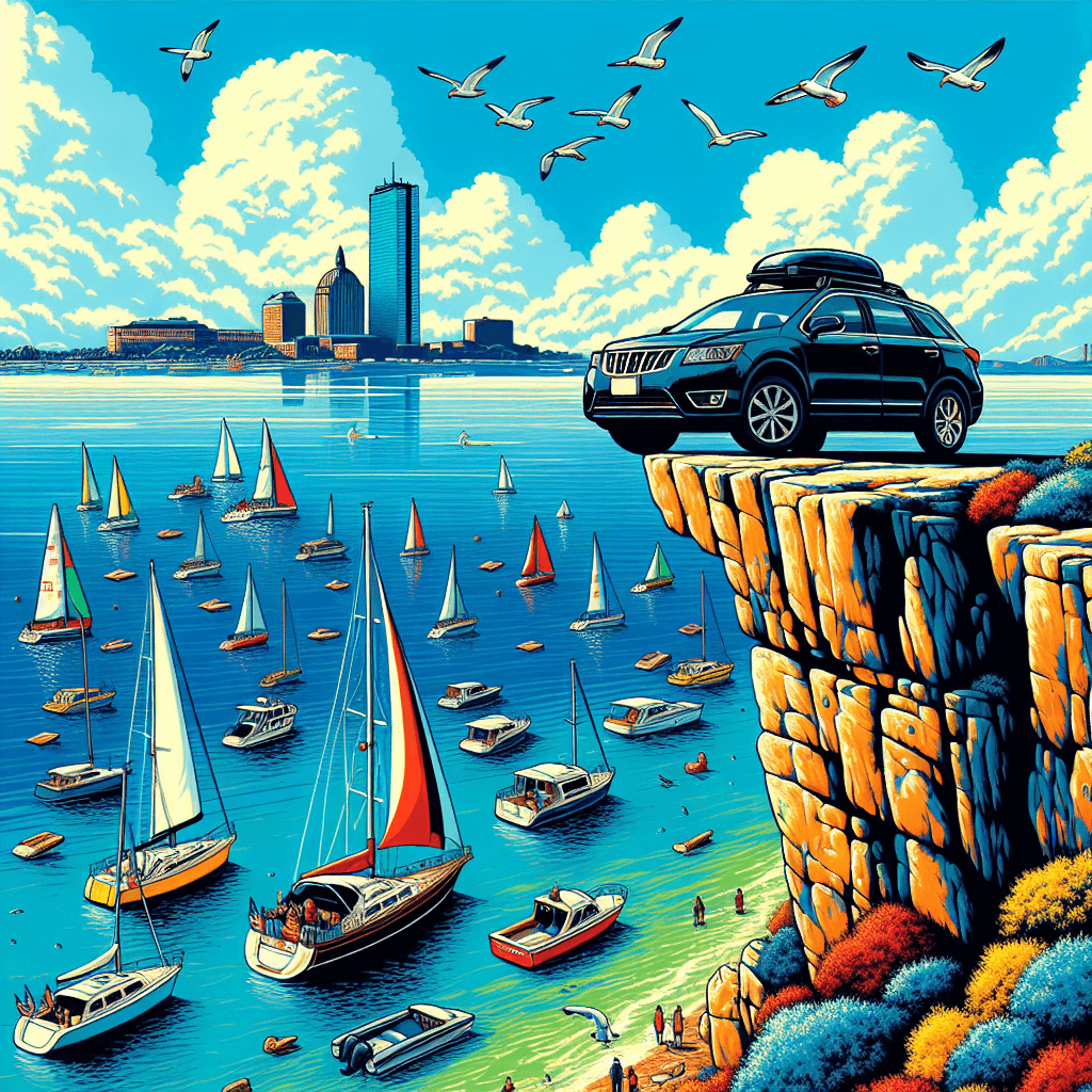 City car amid Port Lincoln scene, seagulls, yachts and distant islands.