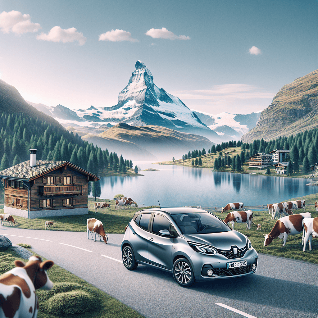 City car with Swiss chalet, mountains, and grazing cows