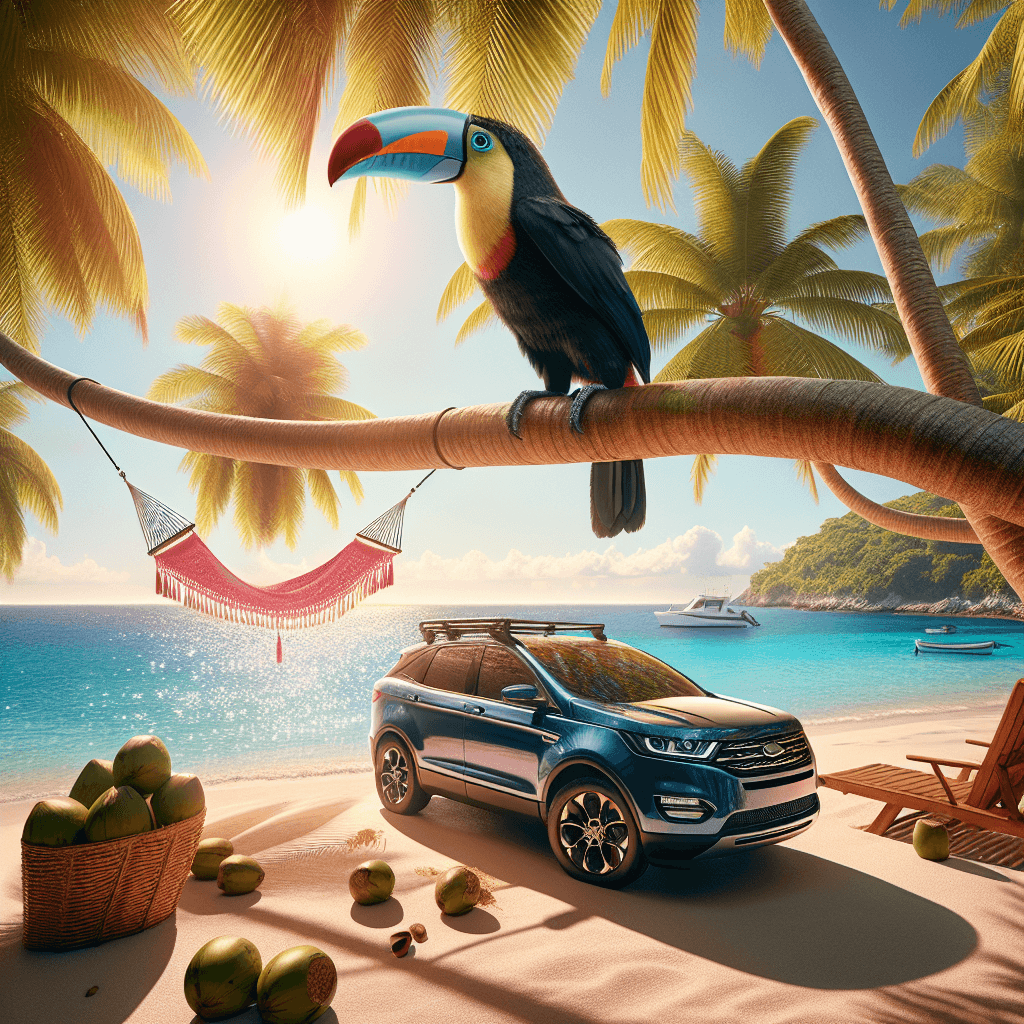 City car on beach with toucan, hammock, coconuts