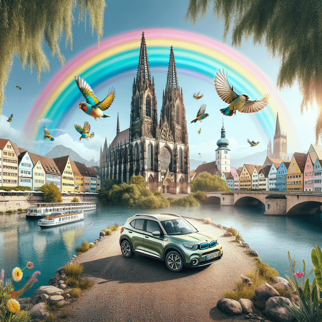 City car in Ulm, with Minster, sparrows, rainbow