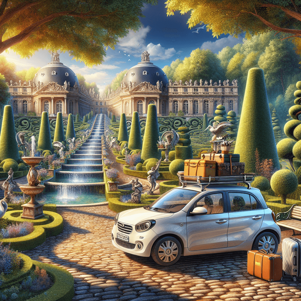 City car, Versailles gardens, elaborate fountains, map, luggage
