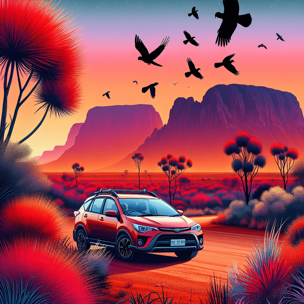 City car near spinifex plant, MacDonnell Ranges, flying cockatoos