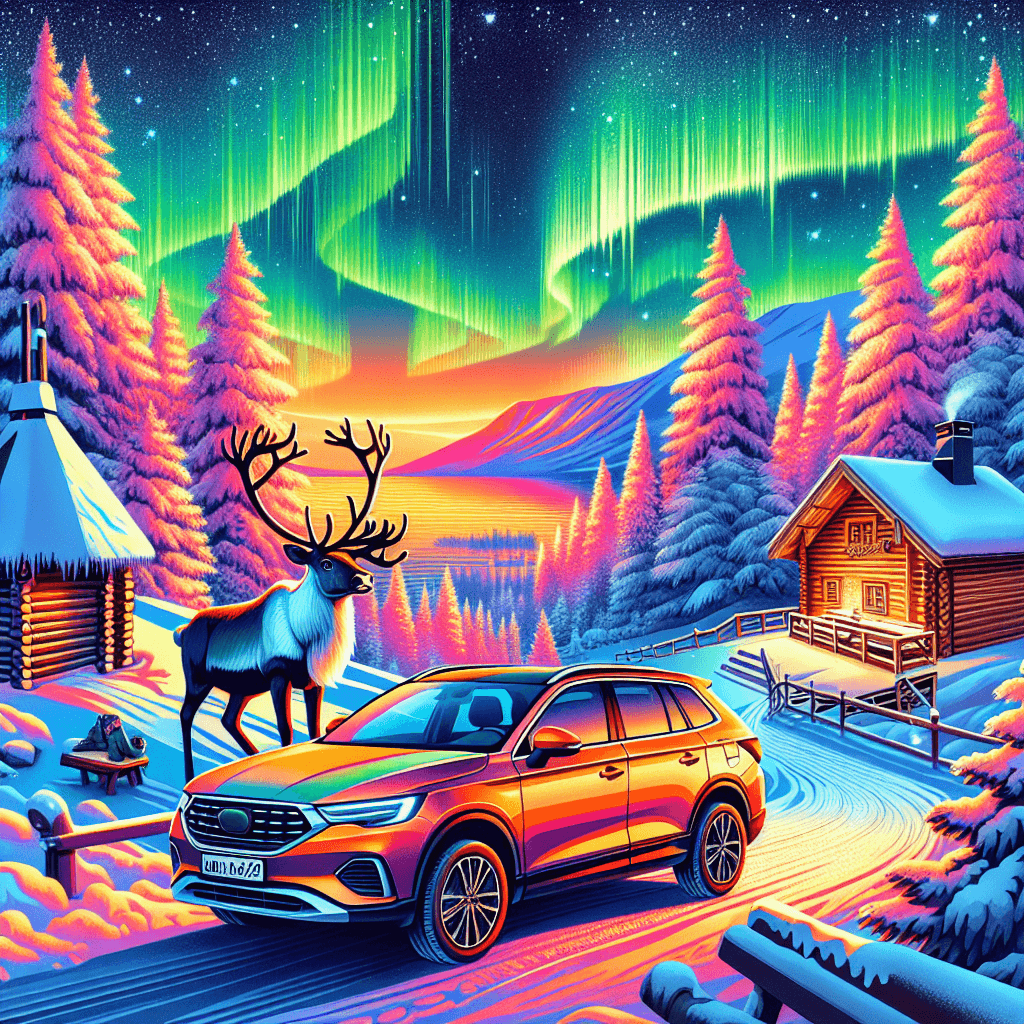 City car with reindeer under a sky of northern lights