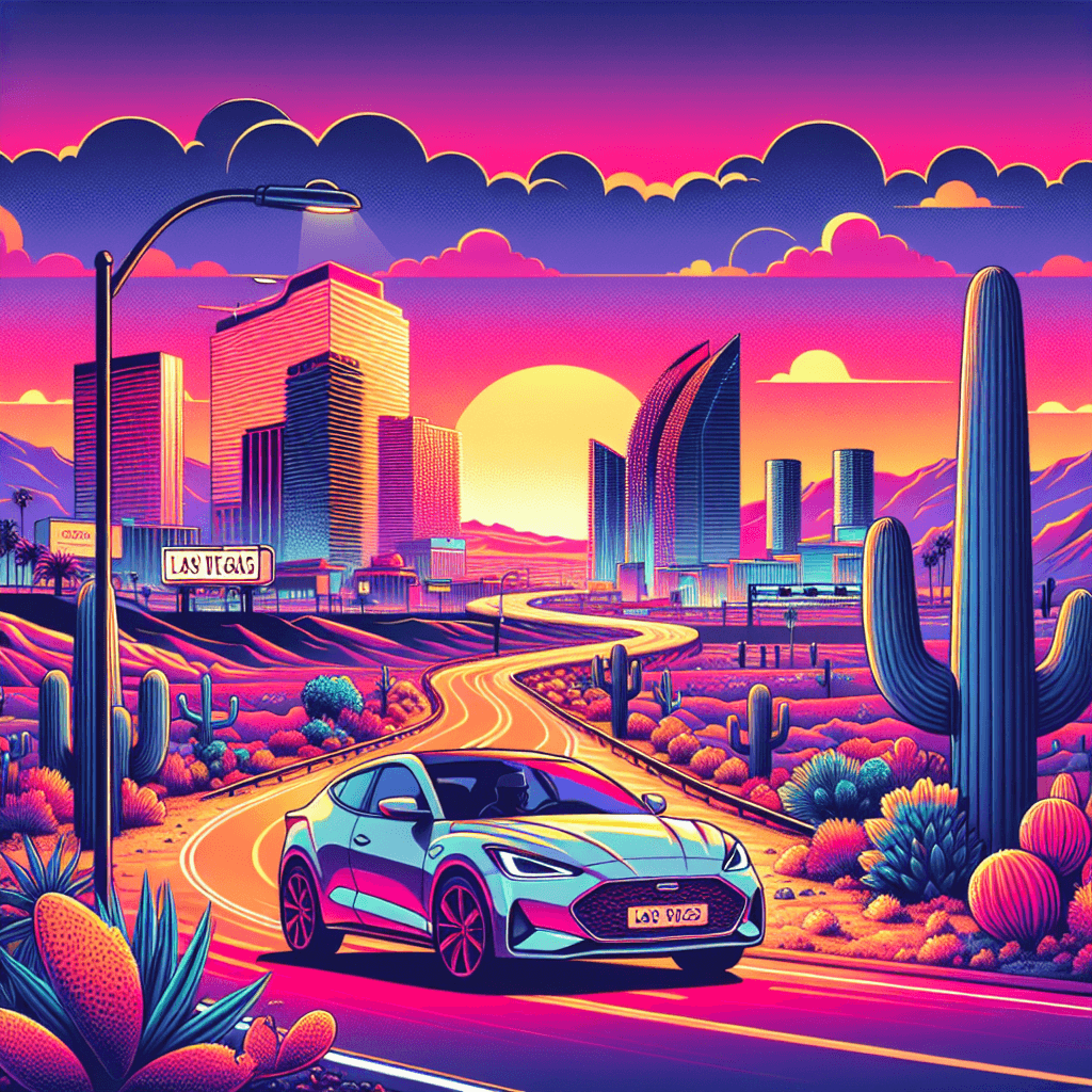 City car in desert, neon city skyline, sunset, palm trees