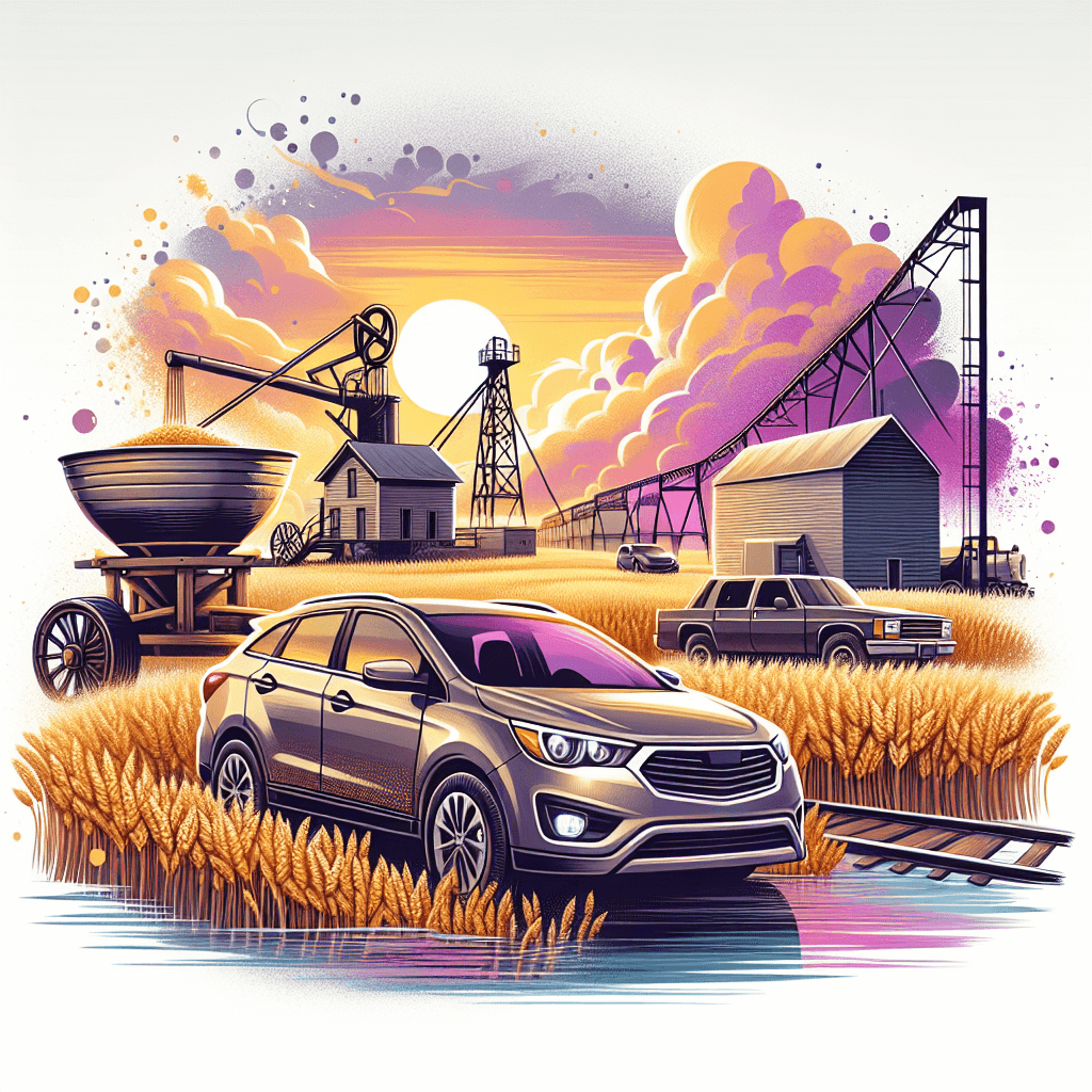 City car by wheat fields with vintage water pump