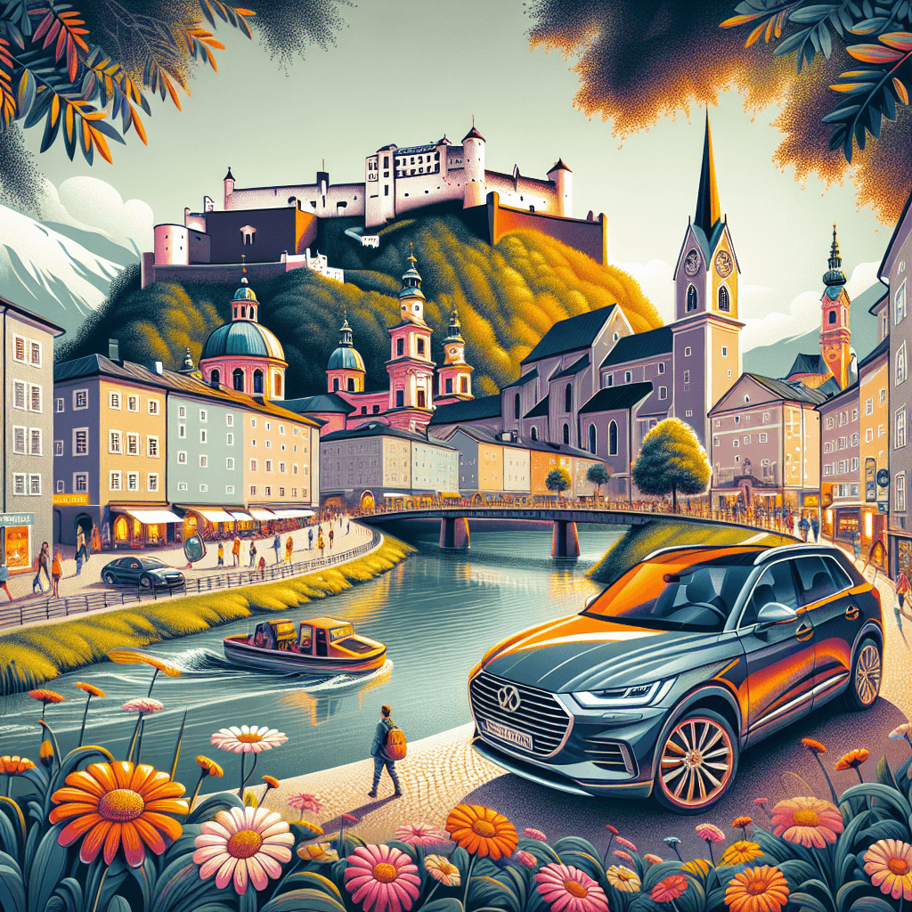 Coche moderno ante Fortaleza Hohensalzburg, calles empedradas, casas austriacas y margaritas florecientes