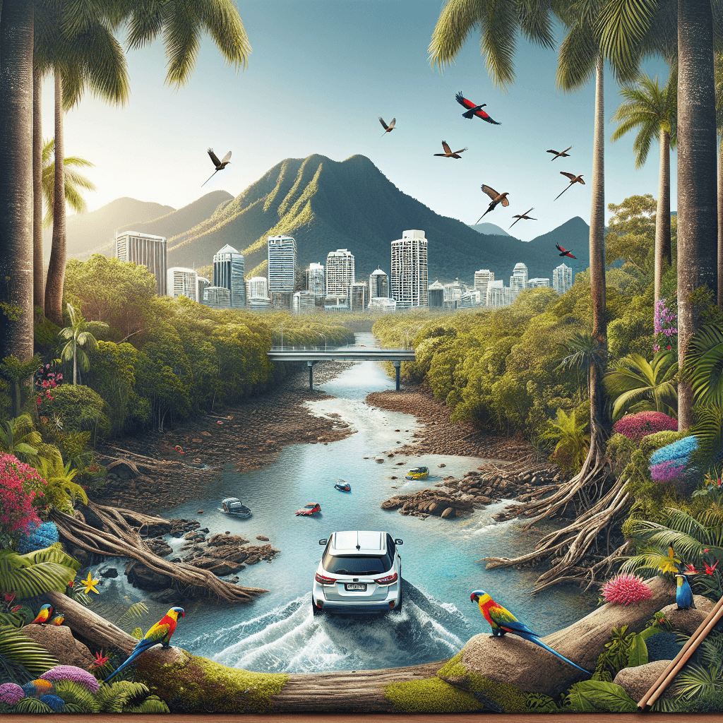 Coche en paisaje de Cairns, con bosque, río y aves exóticas