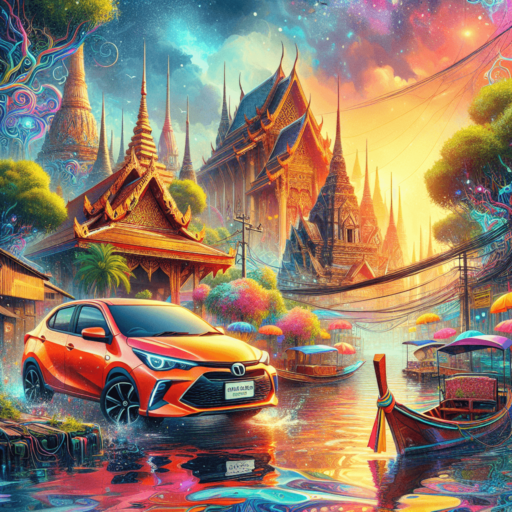 Un coche en un mágico templo flotante tailandés