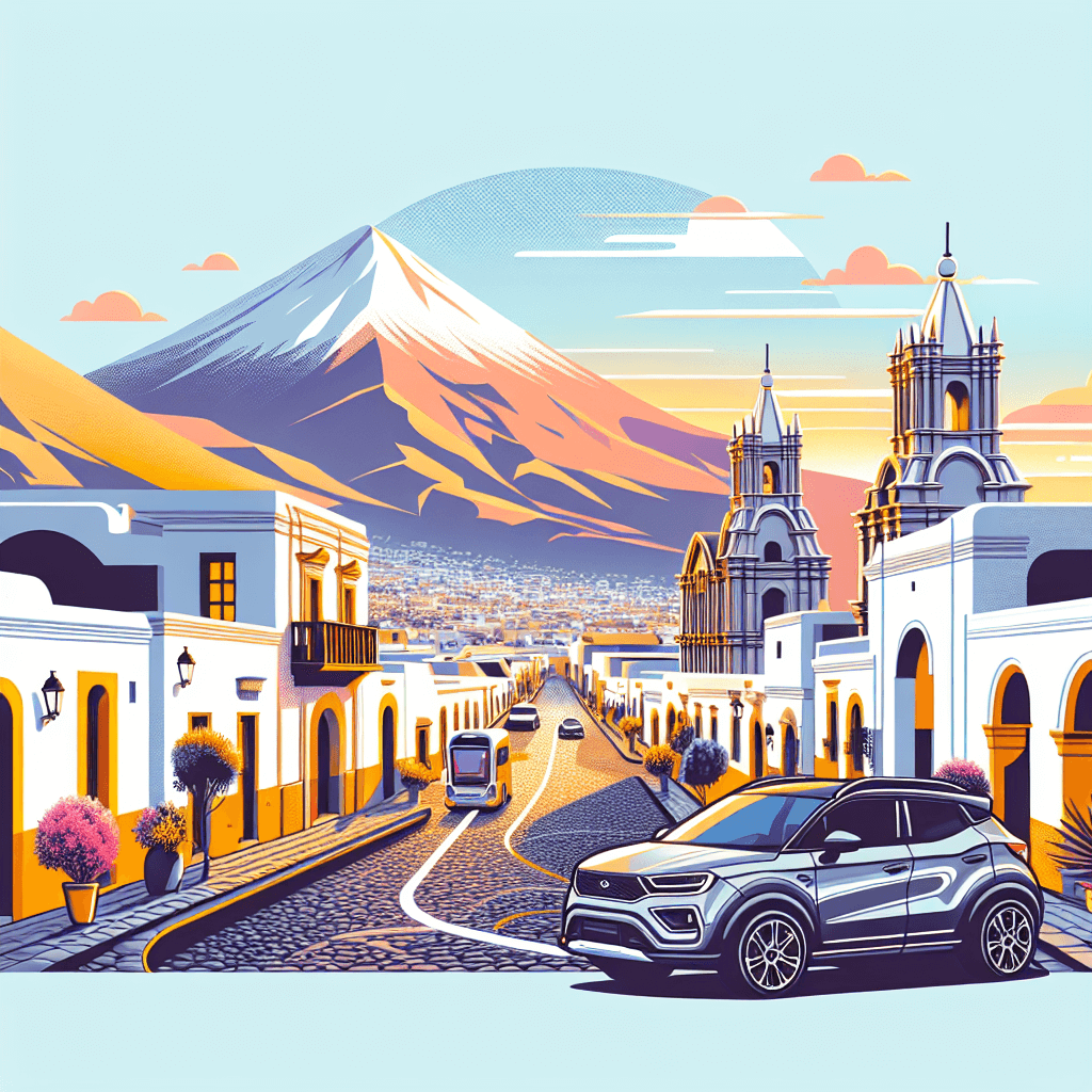 Coche moderno en ciudad pintoresca de Arequipa, con volcanes al fondo