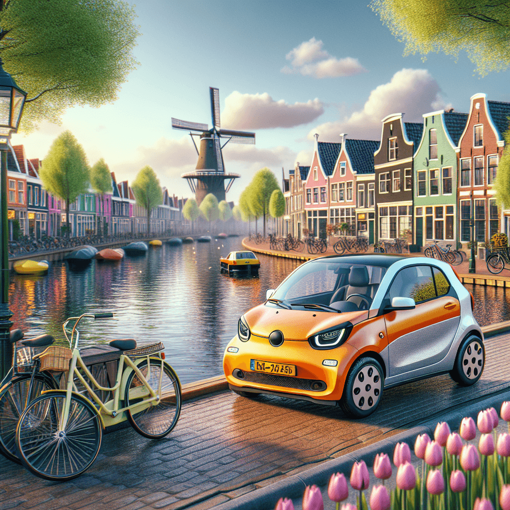 Coche colorido junto a canal y molinos holandeses