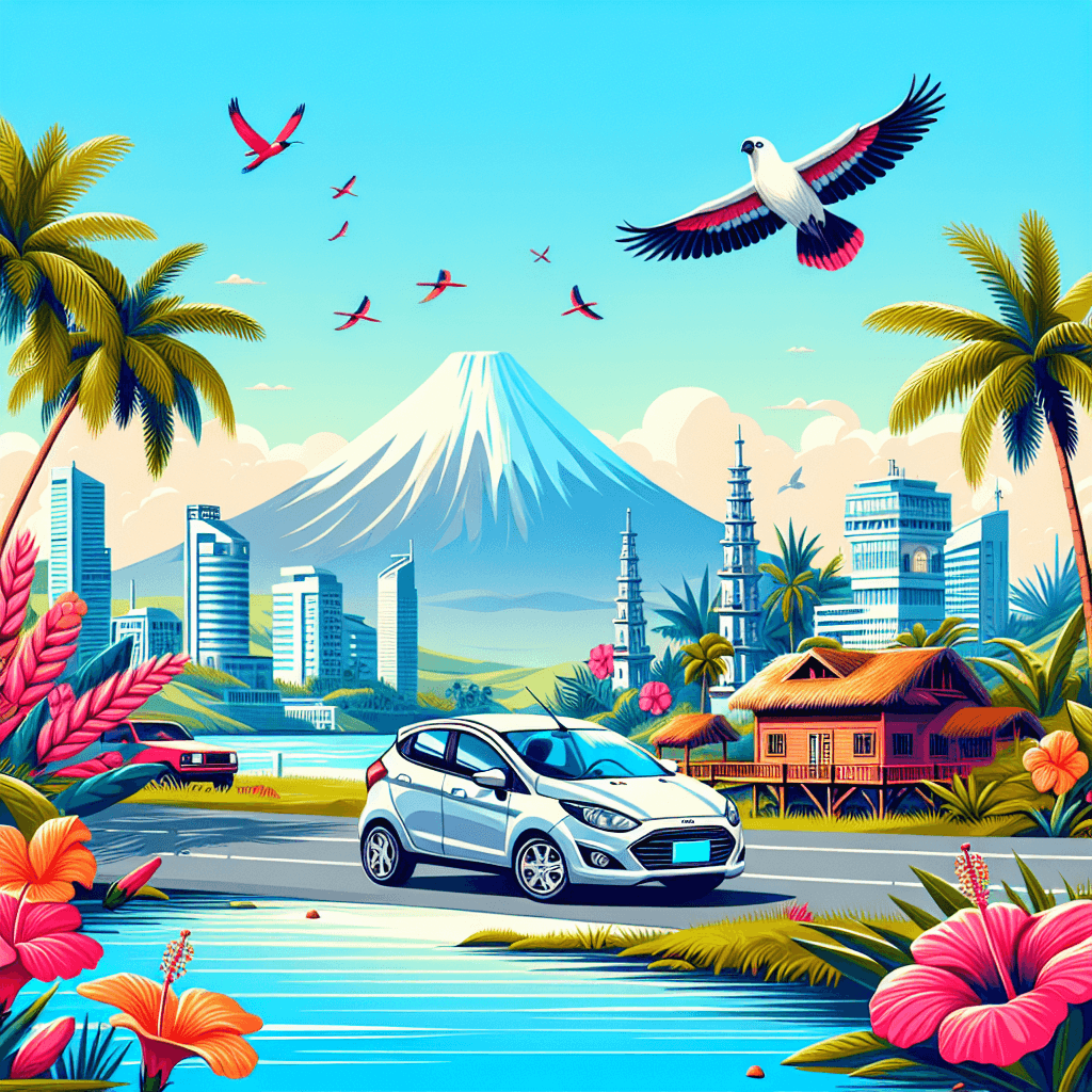 City car in vibrant Colima landscape with volcano, palm trees, and local birds.