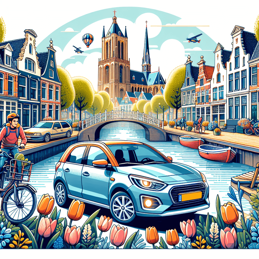 City car in Delft with canals, houses, cyclists and tulips