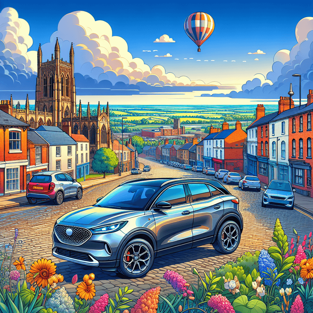 City car on Derby's cobbled street with cathedral, colourful flowers and hot air balloon