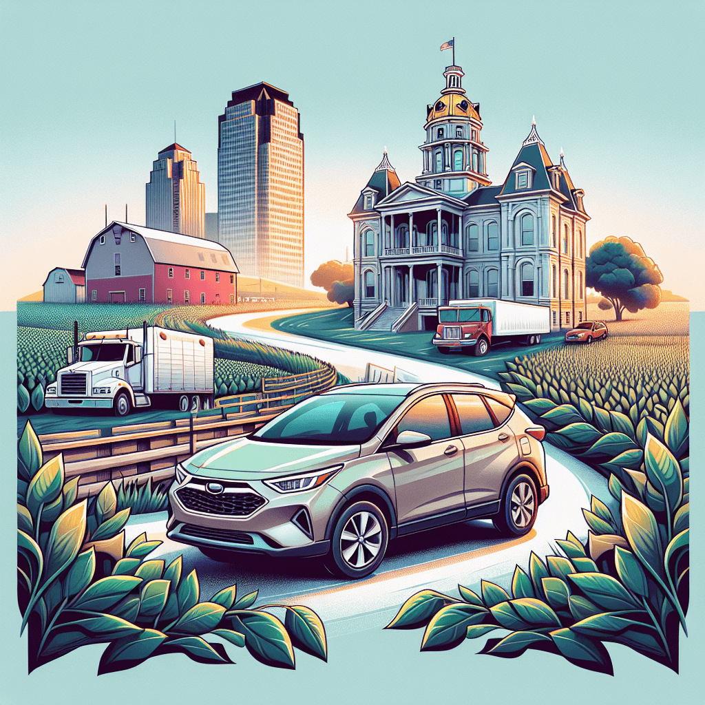 City car, Des Moines landmarks, barn, soybean fields