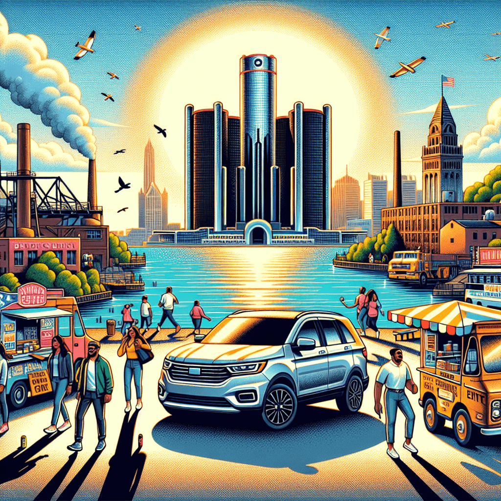City car, industrial chimneys, Detroit river, graffiti, food trucks