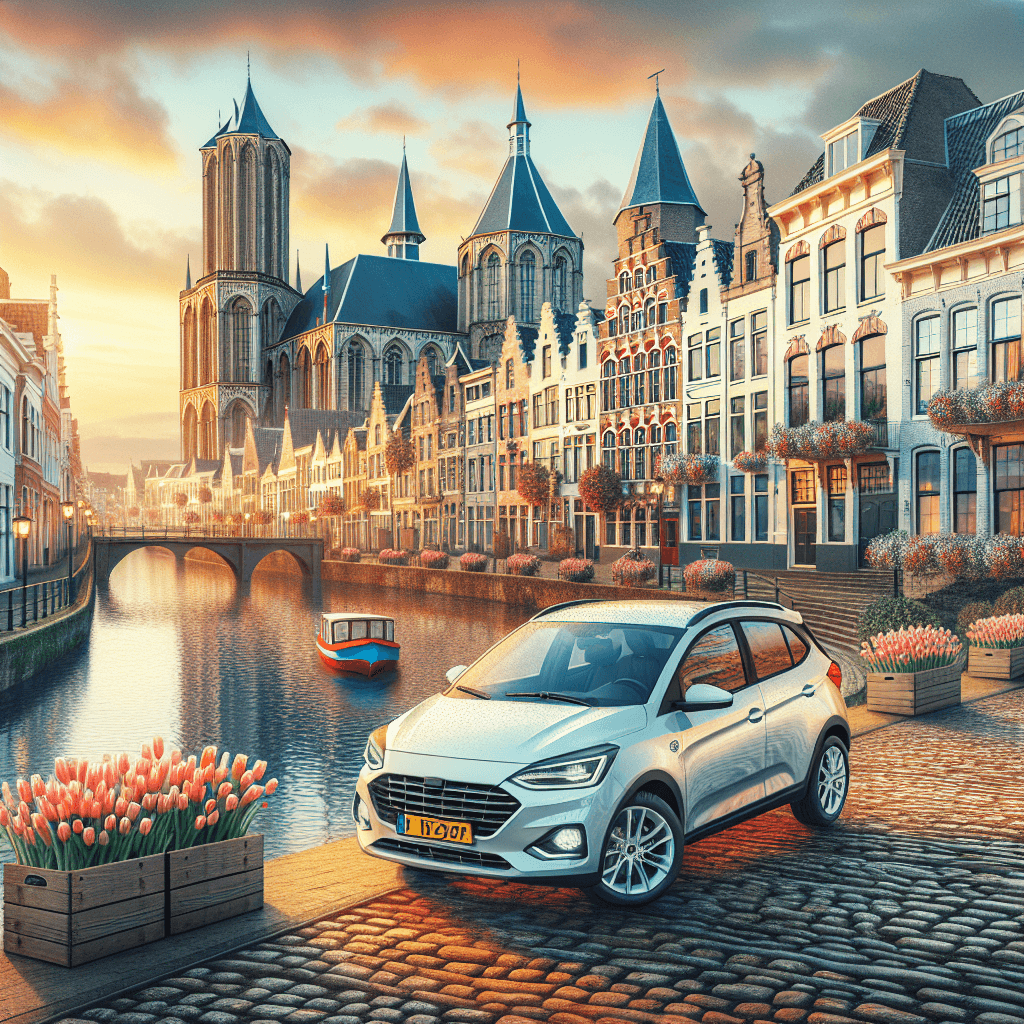 Car on cobblestone streent, historic buildings, river and vibrant sky