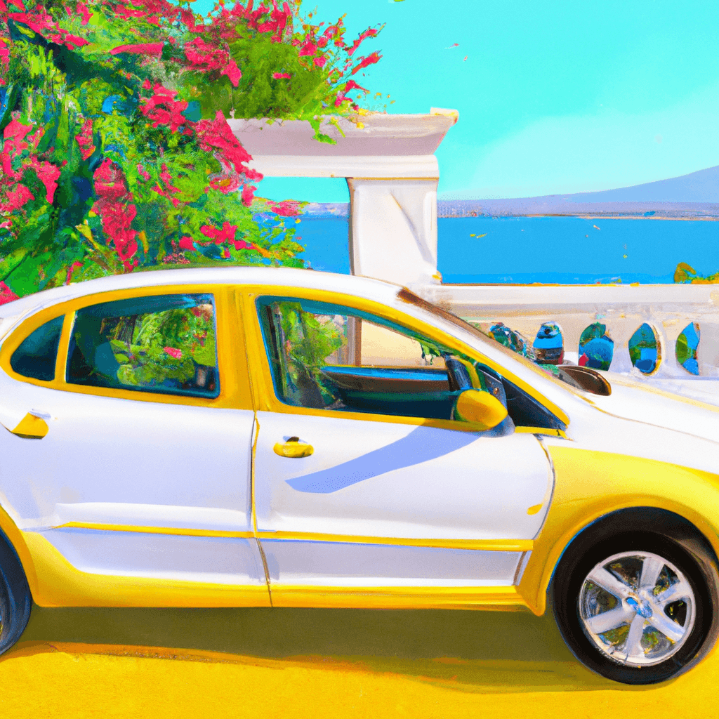 City car amidst festive Greek architecture, seaside, flowers, and olive groves