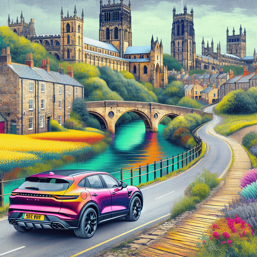 City car on cobblestone streets with Durham scenery