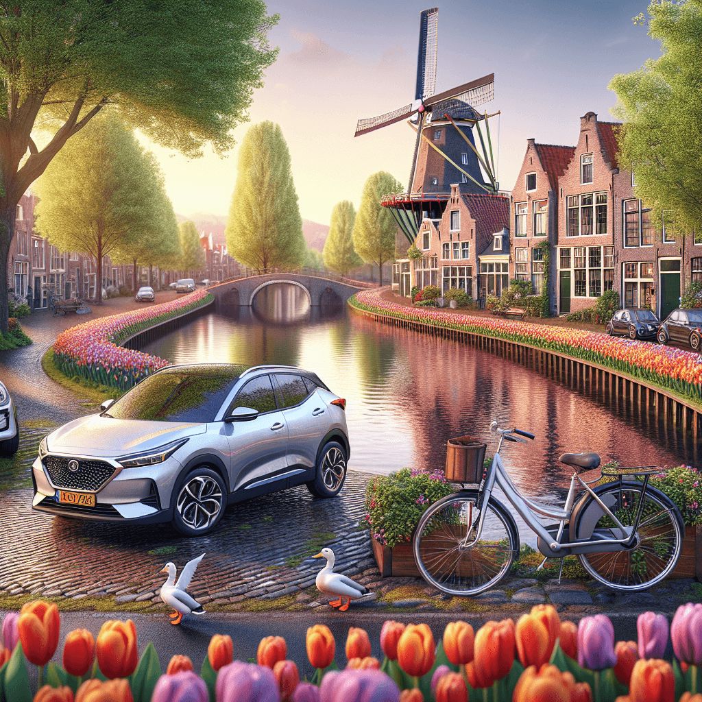 A city car beside Dutch canal, windmill and tulip field