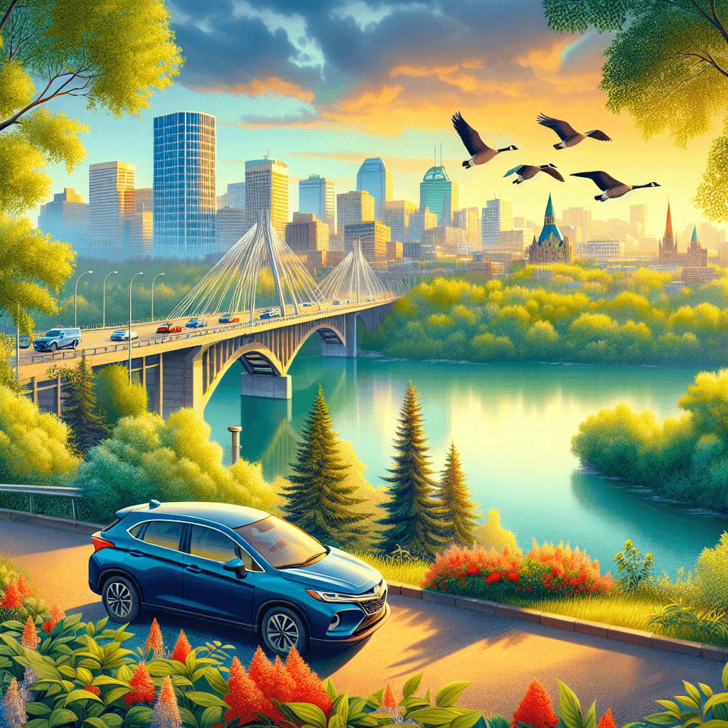 City car in Edmonton with geese, High-level Bridge and downtown buildings
