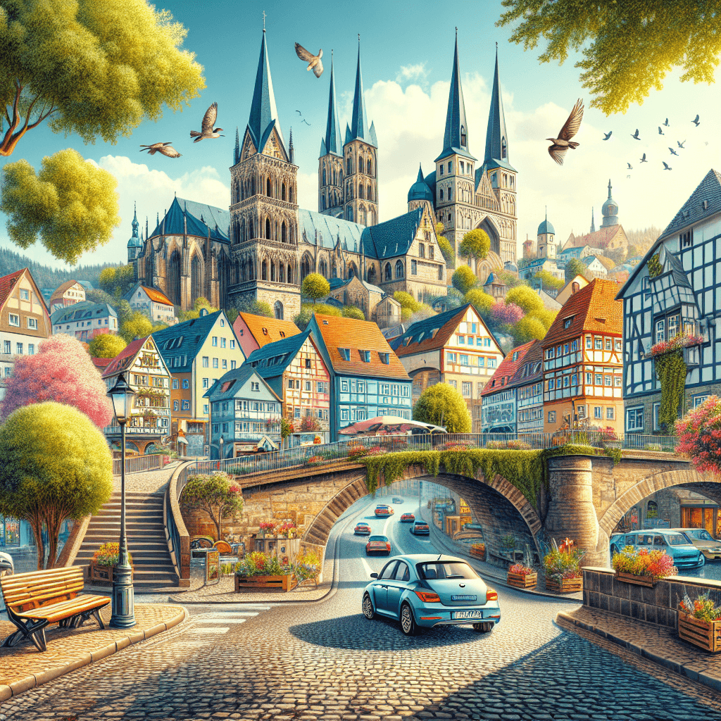 City car in Erfurt with cathedral, merchants bridge, and cobblestone streets