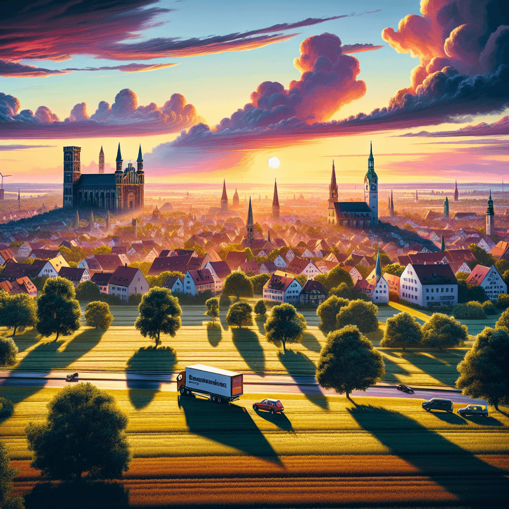 City car in Erlangen landscape with Bavarian houses and Hugenottenkirche