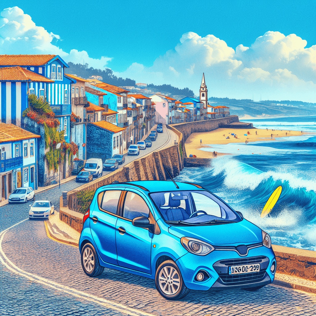 City car driving past Espinho's colorful beach houses
