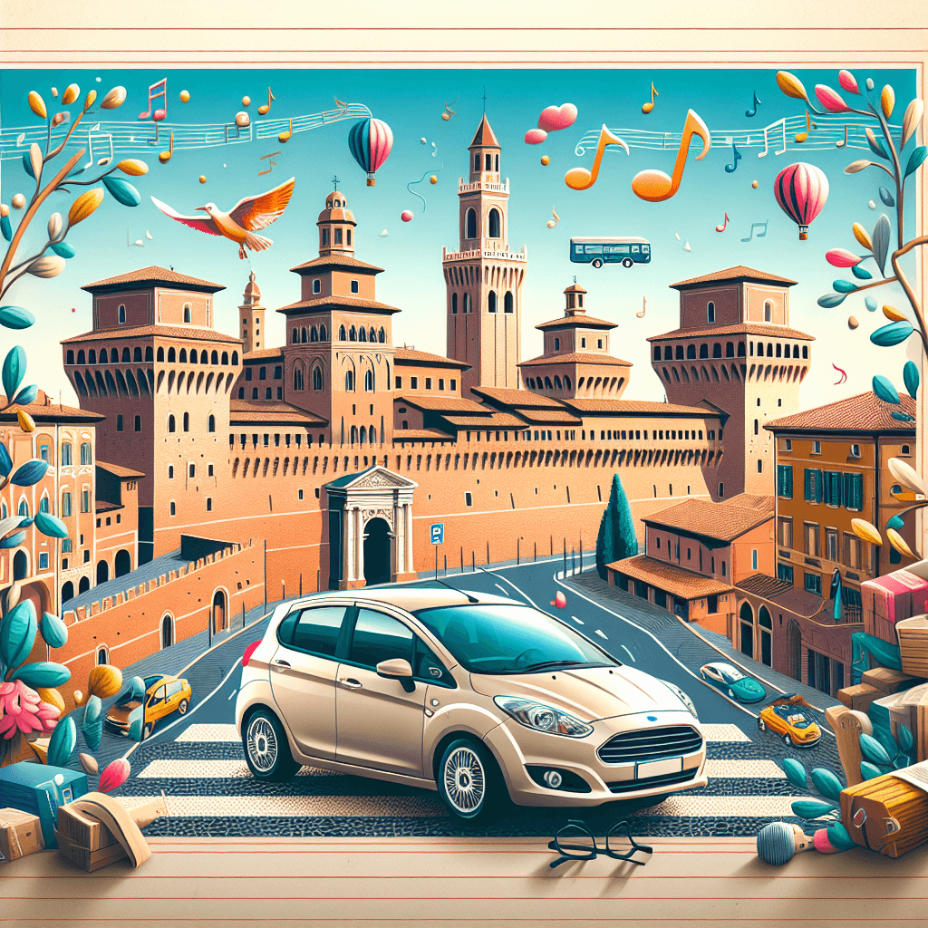 City-car, Estense Castle, Ferrara city walls, whimsical birds, colourful balloons, floating music notes