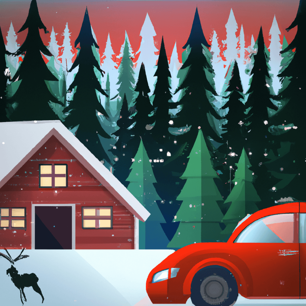 Red city car, Northern lights, reindeer, wooden cottage, snowy Finland