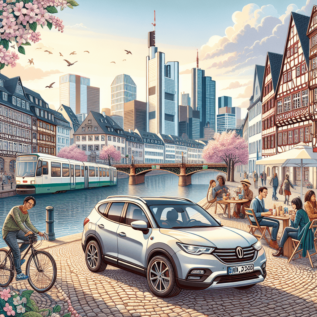 City car in Frankfurt landscape with apple blossoms, tram, cyclist, and cafes