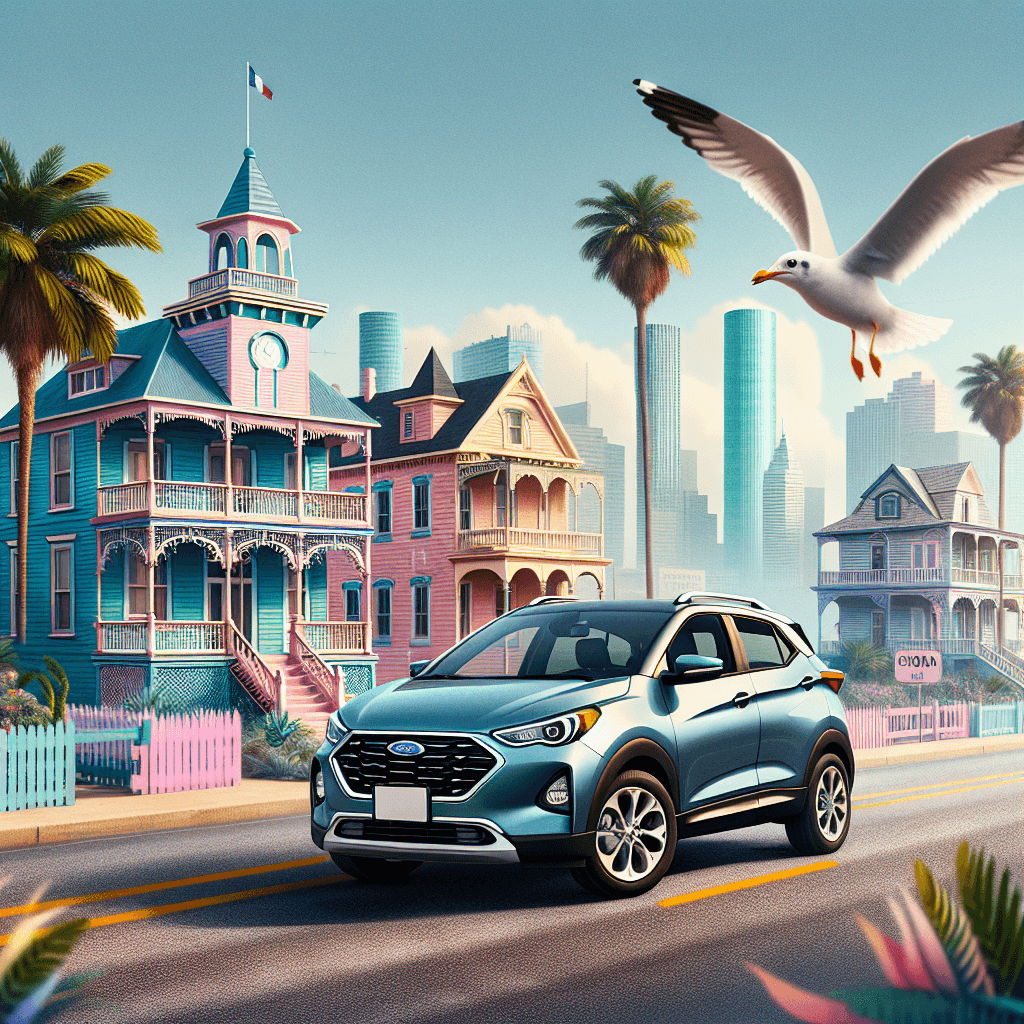 City car, Gulf of Mexico view, vibrant Victorian homes, flying seagull