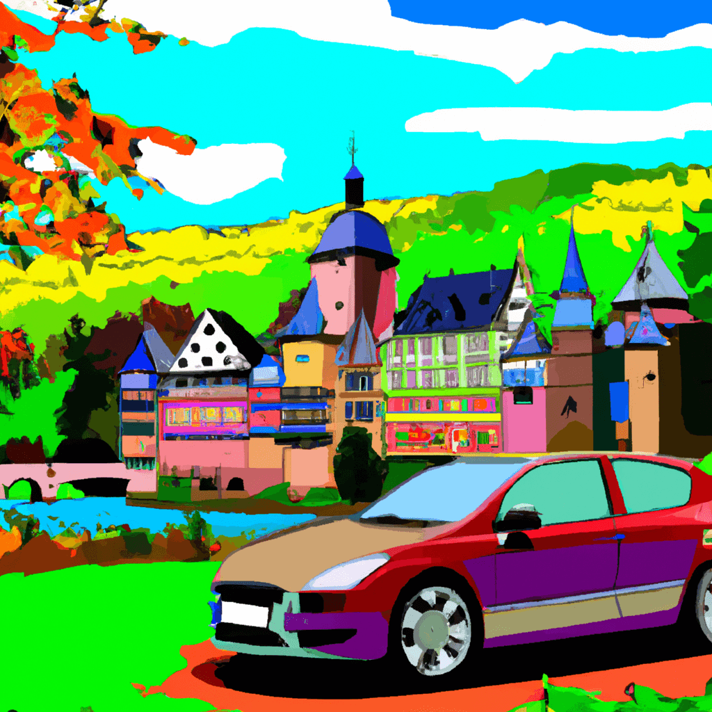 City car, castle, half-timbered houses, river, green hills