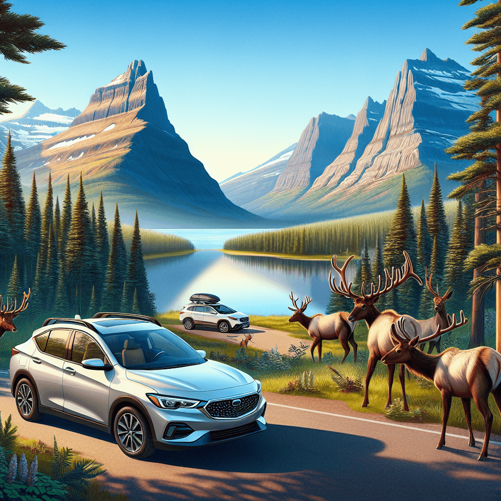 City car, elk, lake, mountains, and pine forests
