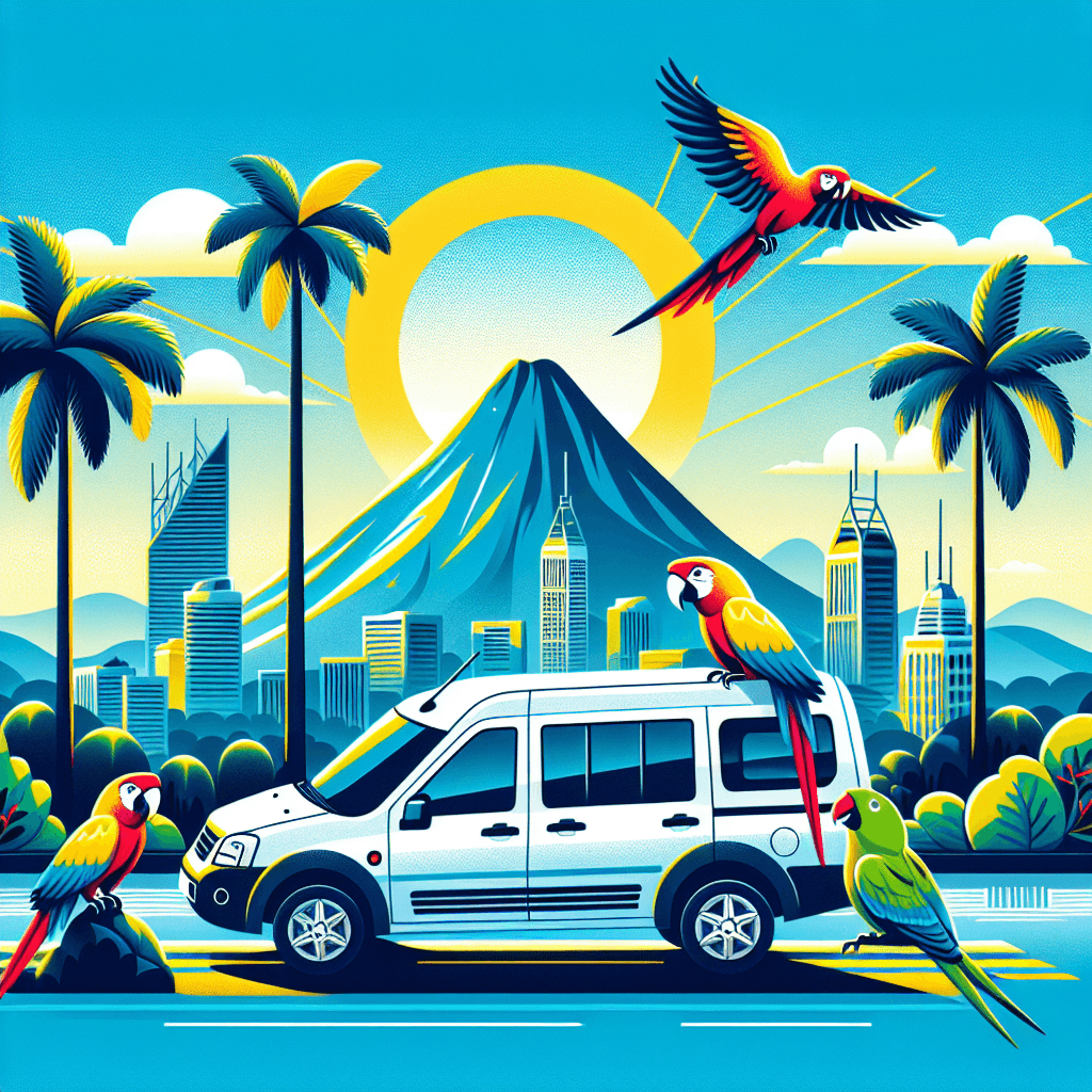 City car among Gladstone landscape, parrots and palms