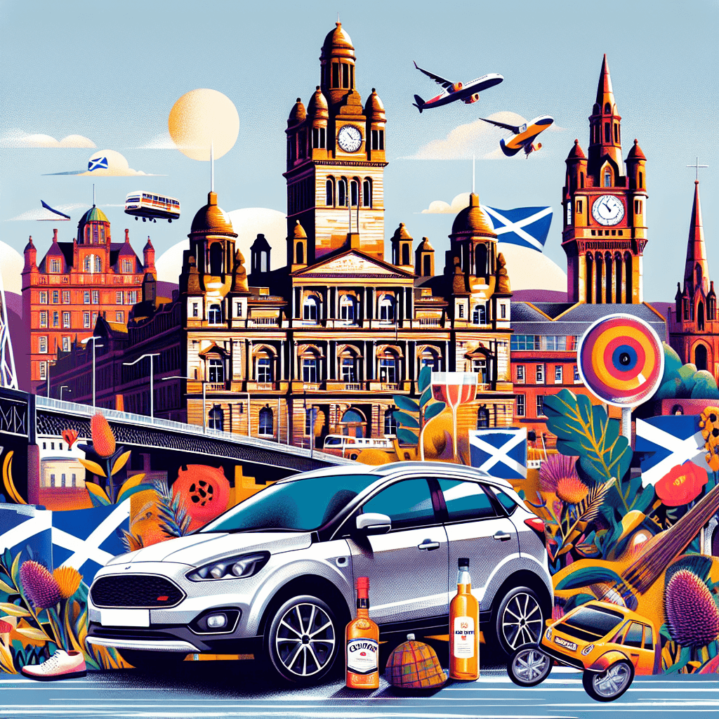 City car amidst iconic Glasgow landmarks for car hire
