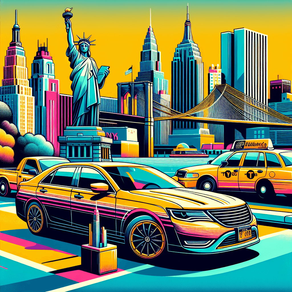 City car among cabs, skyscrapers, Brooklyn Bridge, Central Park