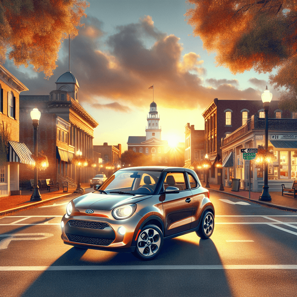Compact car, historical Greensboro architecture, bright foliage, cityscape, evening sun