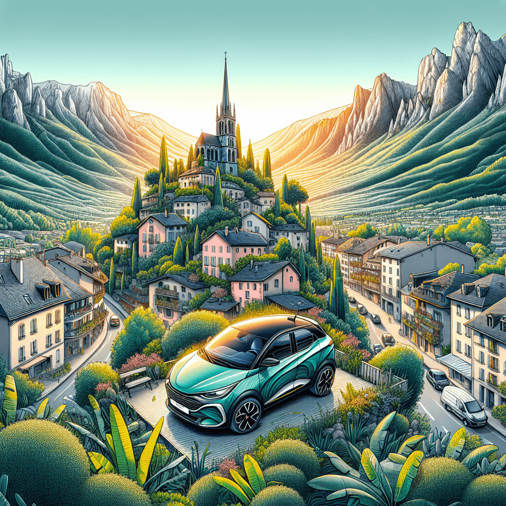 City car amidst Grenoble's mountainous range and french architecture