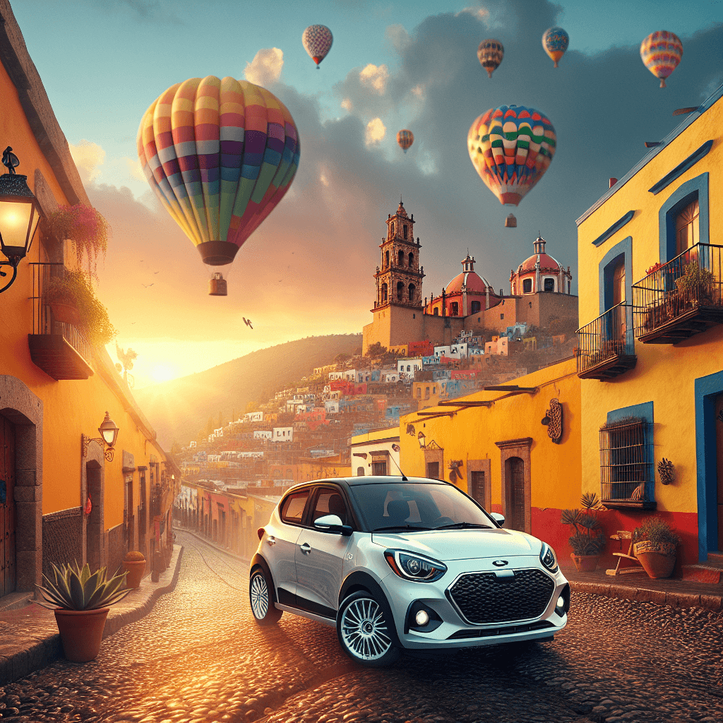 City car in golden Guanajuato, hot air balloons above