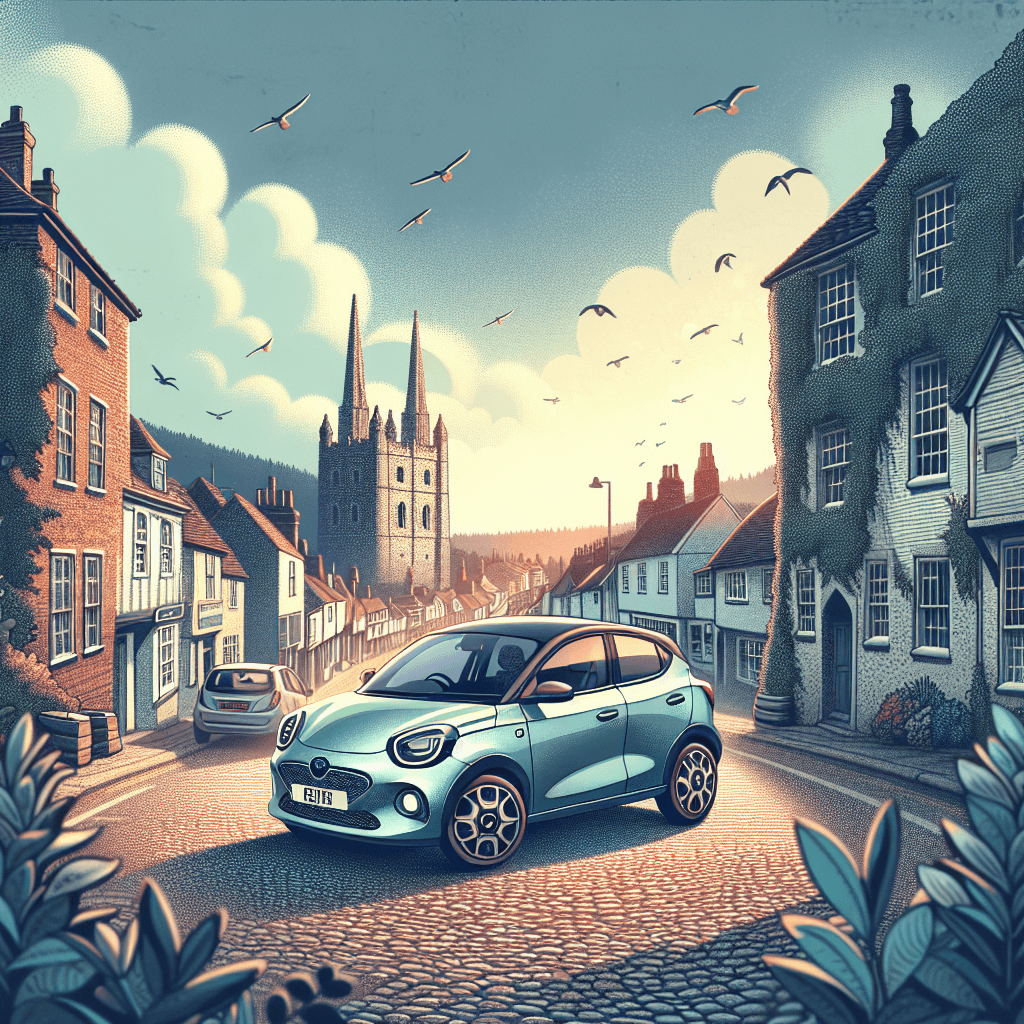 City car on Guildford high street, Castle and Surrey hills background