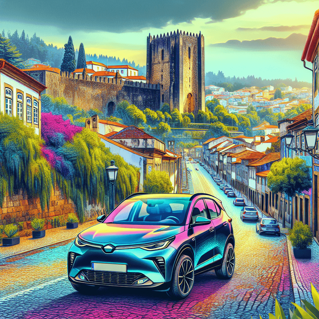 City car in Guimarães with castle and cobblestone street