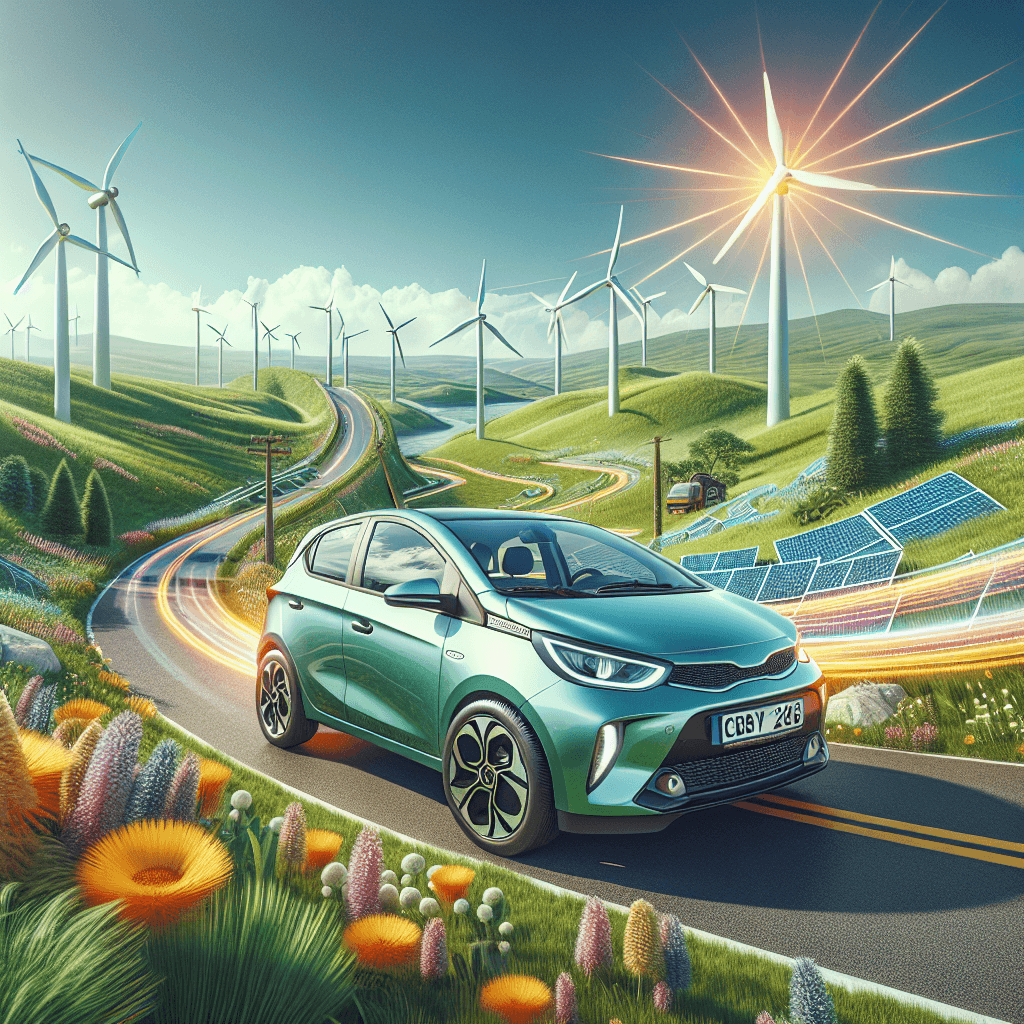 City car in sunlit Hamm landscape with wind turbines