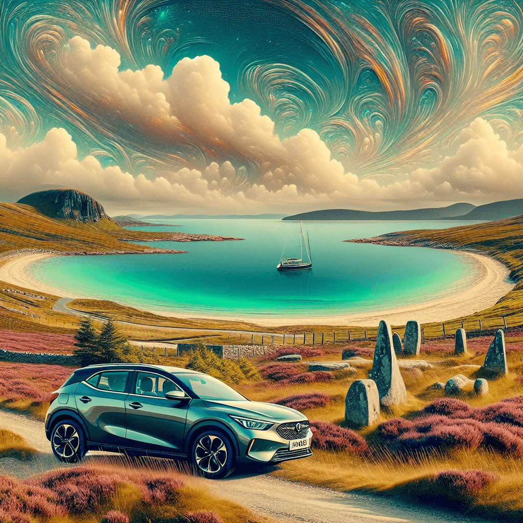 City-car hire on Isle of Harris, featuring sea, hills, and circles