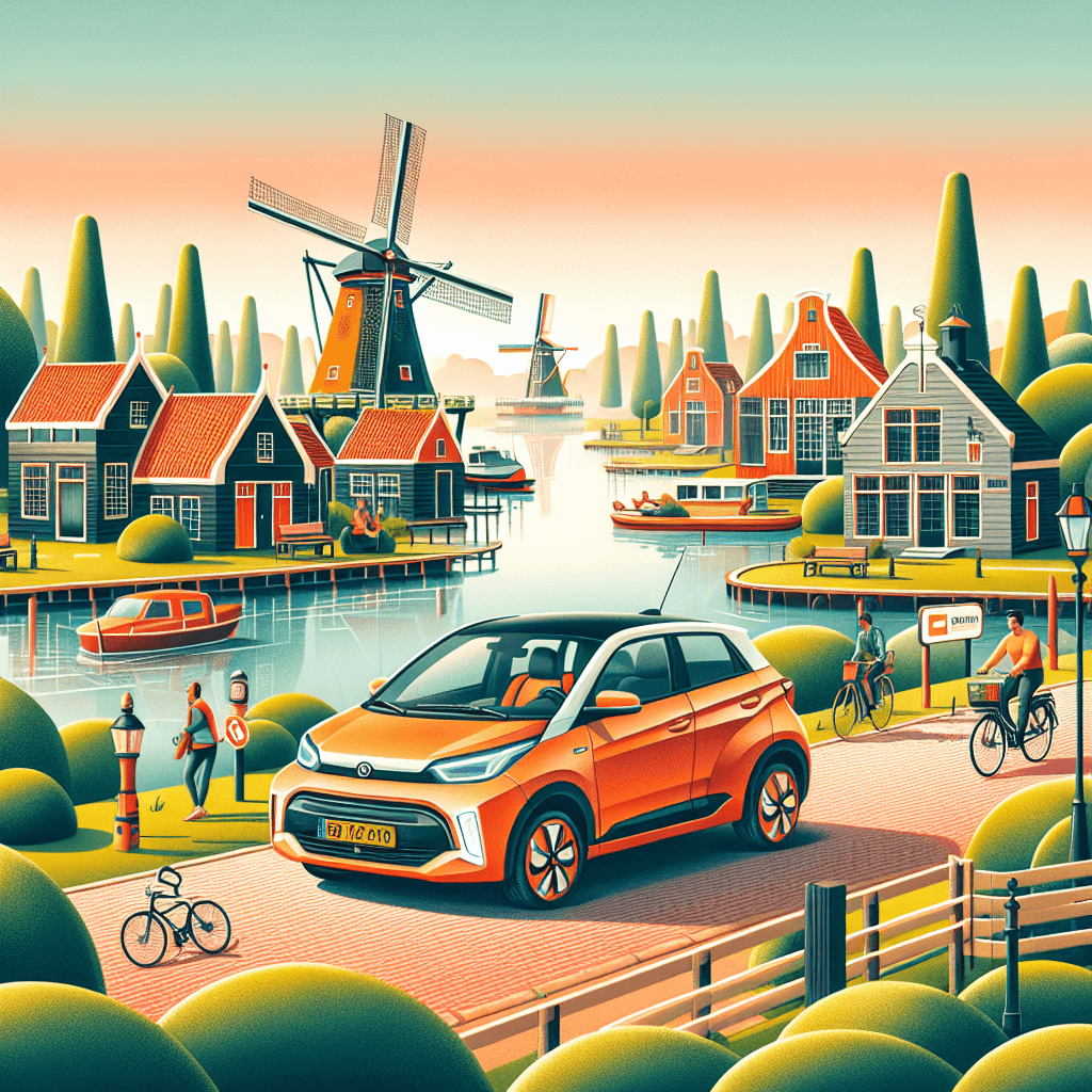City car in scenic Heerenveen with windmills, canal and cyclists
