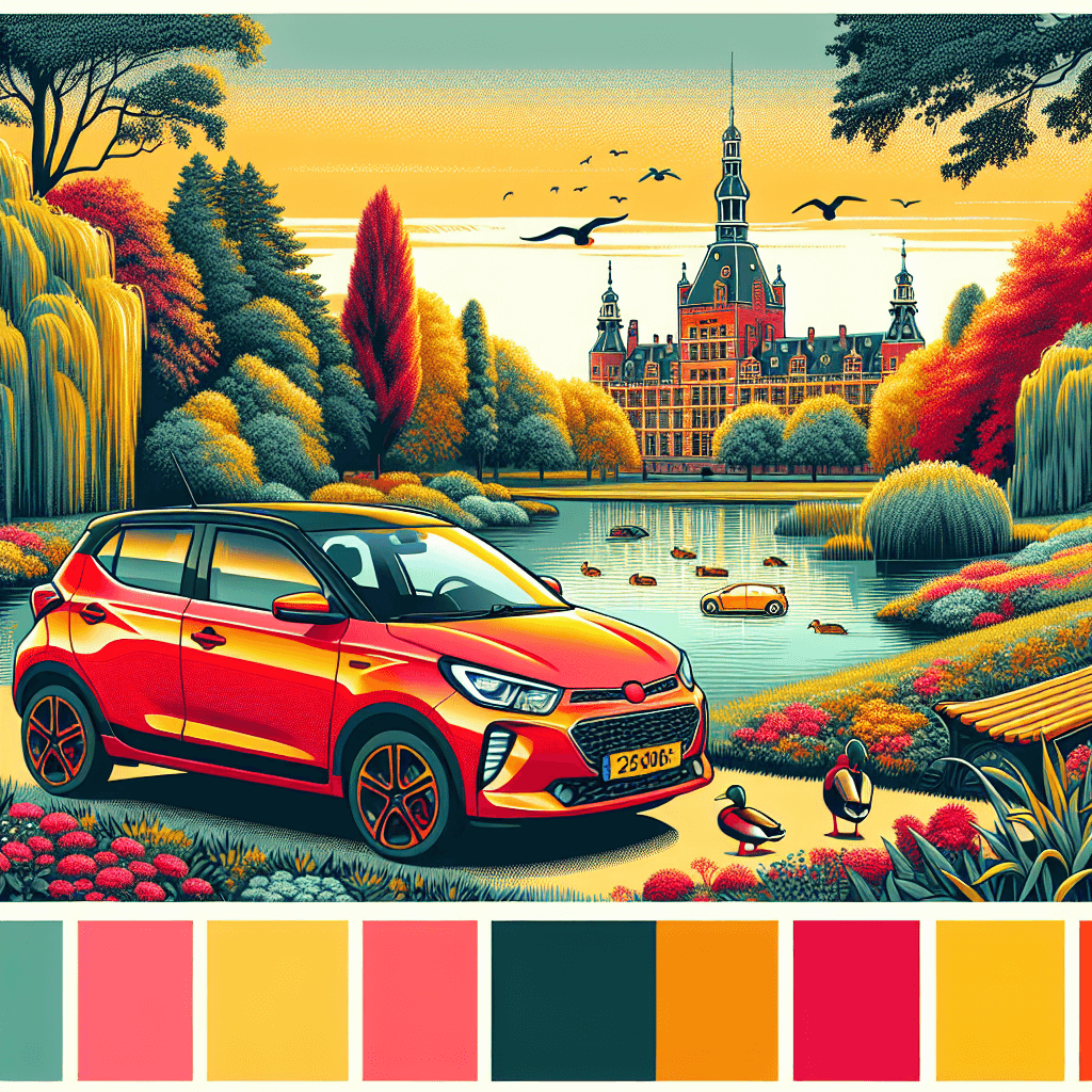 Bright car, Helmond Castle, park, blooming flowers, serene lake, sunset